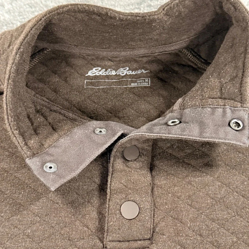 Eddie Bauer Mens Quilted Snap Pullover Brown Diamond‎ Stitch Mock Neck Size M